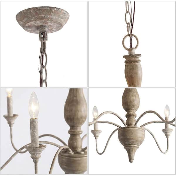 6-Light Rustic Farmhouse Wood Chandelier 29.5 in. W with Antique White French Country Accents and Classic Candle Style