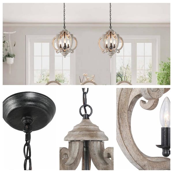 Globe Wood Chandelier Washed Gray Round Pendant 3-Light Farmhouse Candlestick Chandelier Rustic Hanging Lantern