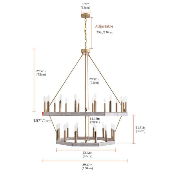 39.4 in. W 28-Light Farmhouse Geometric Vintage Wagon Wheel Chandelier Lighting Ceiling Light Fixtures