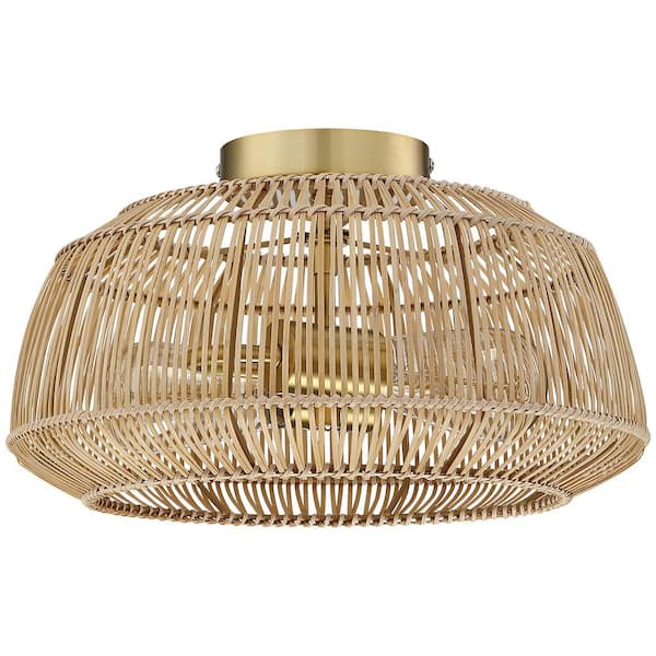 Rhett 14 in. 2-Light Brass Bohemian Rattan Semi-Flush Mount Ceiling Light
