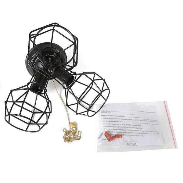 Hine 3-Light Modern Industrial Black Open Cage Semi-Flush Mount Light Versatile Ceiling Light with Pull String
