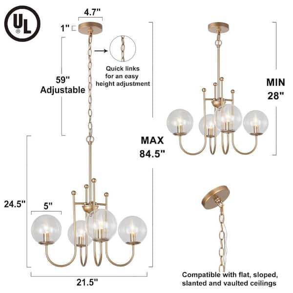 Modern Sputnik Chandelier Light Ray 4-Light Brass Gold Island Chandelier Light with Clear Glass Shade