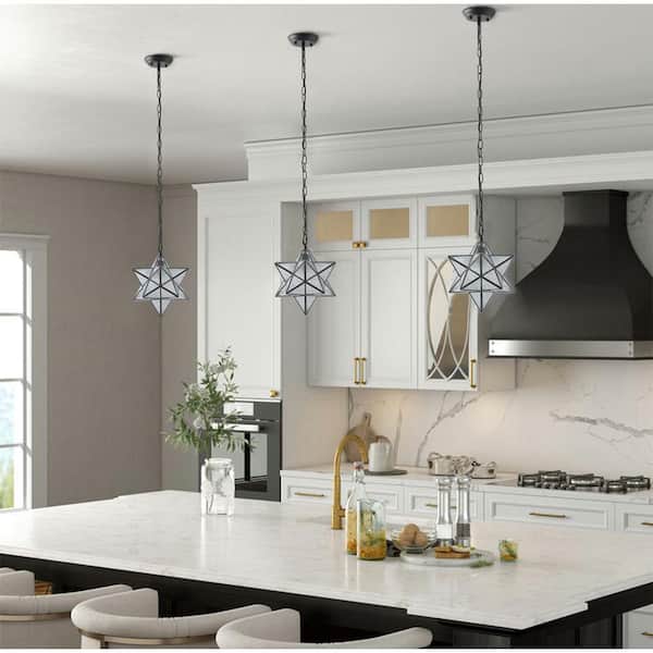 12 in. Modern Black 1-Light Geometric Moravian Star Pendant Light Creative Design Hanging Light with Seeded Glass Shade