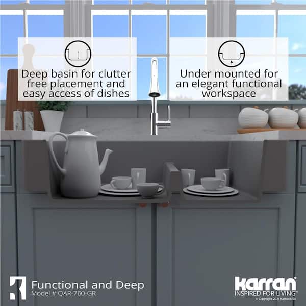 QAR-760 Quartz/Granite 34 in. Double Bowl 60/40 Retrofit Farmhouse/Apron Front Kitchen Sink in Grey w/ Grid and Strainer