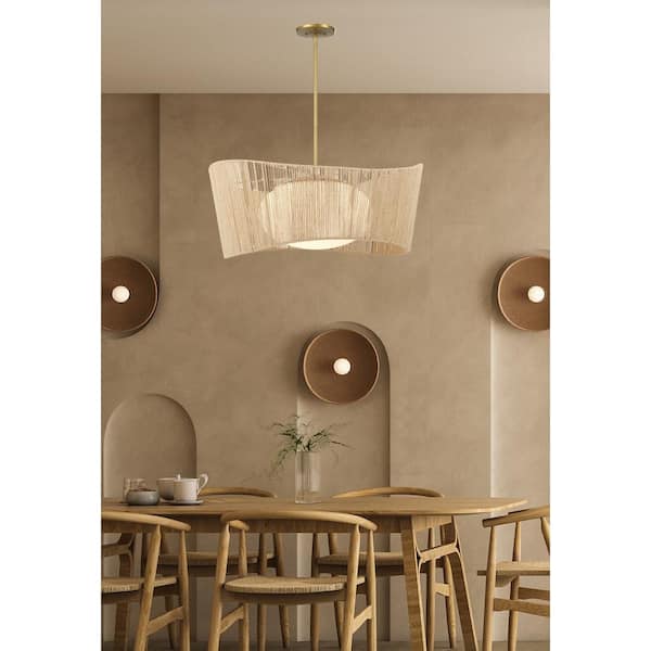 Key Largo 100-Watt 1-Light Soft Brass Shaded Pendant Light with Etched Opal Glass and Natural Rope Shade
