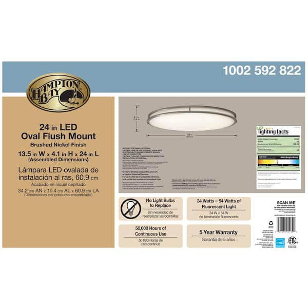 24 in. Oval 1-Light Brushed Nickel Dimmable LED Flush Mount