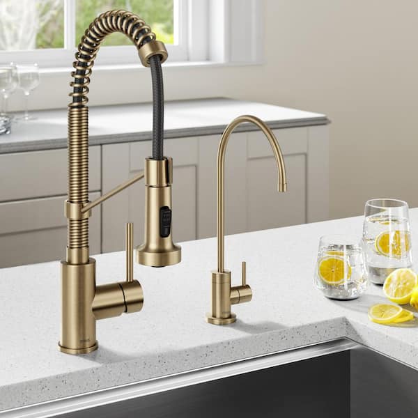 Bolden Single Handle Pull-Down Kitchen Faucet and Purita Beverage Faucet in Brushed Gold