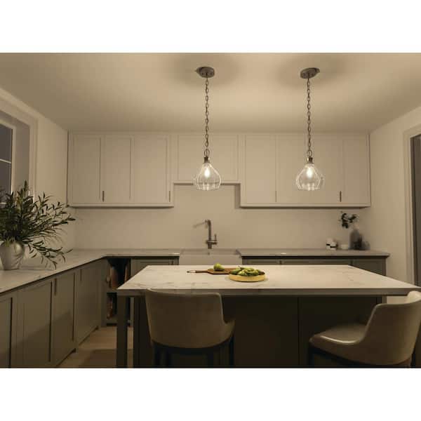 Merriam 8 in. 1-Light Brushed Nickel Farmhouse Shaded Kitchen Pendant Hanging Light with Clear Glass
