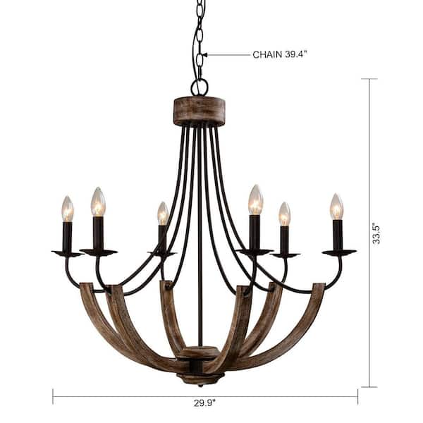 30 in. 6-Light Modern Distressed Black and Wood Farmhouse Candlestick Chandelier