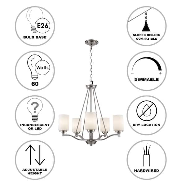 5-Light Brushed Nickel Chandelier Light Fixture with Frosted Glass Shades