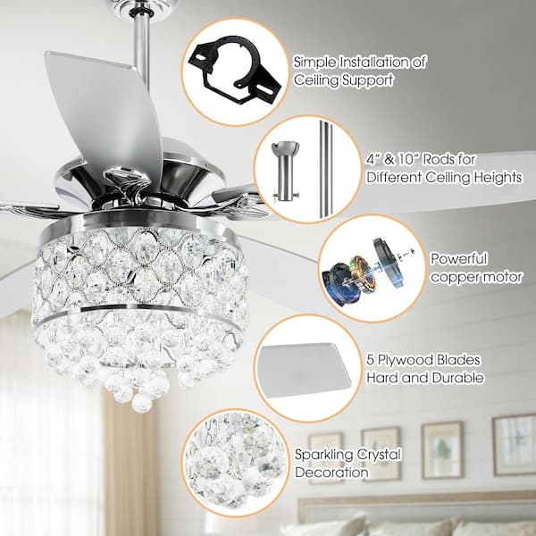 Berkshire 52 in.Modern Downrod Mount Chrome Crystal Ceiling Fan with Light Kit and Remote Control