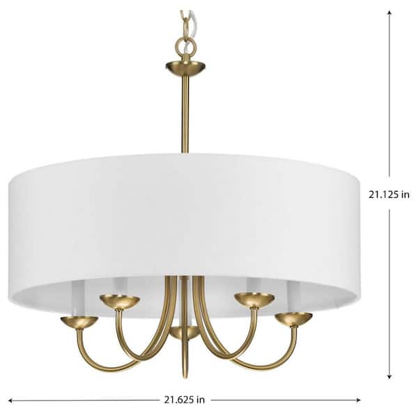 Drum Shade 5-Light Brushed Bronze White Fabric Shade New Traditional Chandelier Light