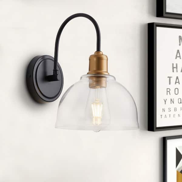 Industrial Gooseneck Black Wall Sconce Light with Clear Glass Shade 1-Light
