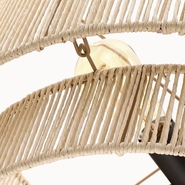 22 in. 4-Light Rattan Tiered Drum Pendant Chandelier Light with Black Canopy