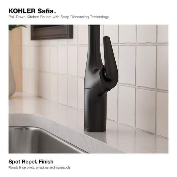 Safia 1-Handle Pull Down Sprayer Kitchen Faucet with Integrated Soap Dispenser in Matte Black