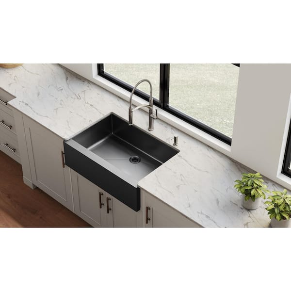 Nepera Black 16 Gauge Stainless Steel 30 in. Single Bowl Farmhouse Apron Kitchen Sink with Bottom Grid and Drain