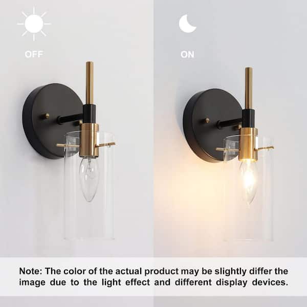 Modern 1-Light Brass Gold Wall Sconce, Black Vanity Light with Open Cylinder Clear Glass Shades Wall Light
