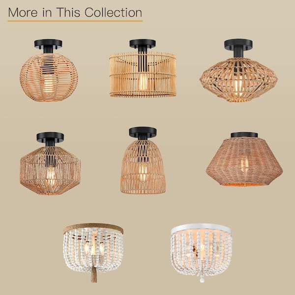 10.2 in. 1-Light Bohemian Natural Jute Rope Semi-Flush Mount Ceiling Light with Black Hardware