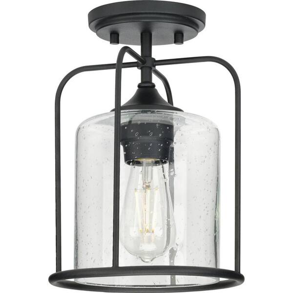 Watch Hill 1-Light Textured Black Clear Seeded Glass Farmhouse Semi-Flush Light