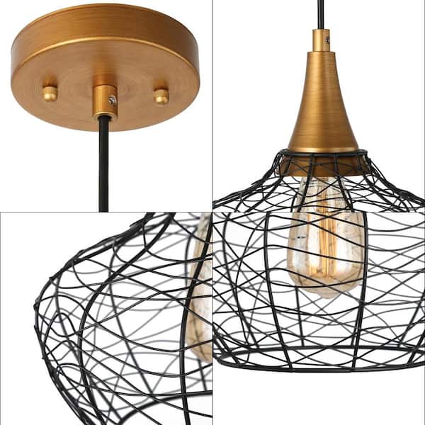 Modern Cage Ceiling Light Lirin 1-Light Brushed Gold Farmhouse Dome Semi-Flush Mount Light with Black Metal Shade