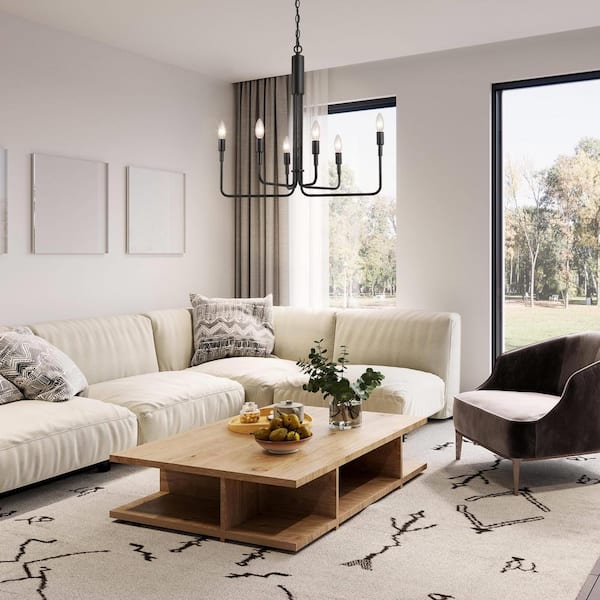 Modern Black Candlestick Oblong Chandelier Farmhouse Irregular Pendant Light 6-Light Transitional Hanging Ceiling Light