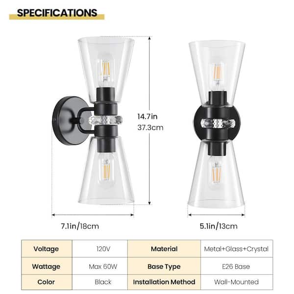 5 in. 2-Light Black Modern Wall Sconce with Clear Glass Up Down Bathroom Sconces Wall Lighting