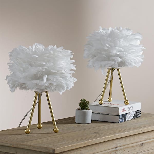 Columbus 14.5 in. Gold Tripod Table Lamp with White Feather