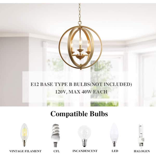 Modern Chandelier Pendant Light 3-Light Gold Globe Cage Dining Room Chandelier