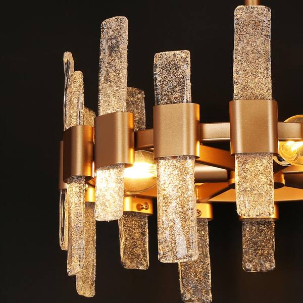 Modern Kitchen Chandelier Ceiling Light, 14.2 in. 3-Light Gold Drum Cylinder Semi-Flush Mount with Ice Glass Strips