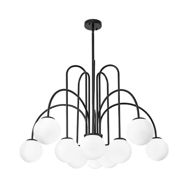Erik 10-Light Black Unique Modern Elbow Sputnik Chandelier with Frosted White Glass Globe Bubble