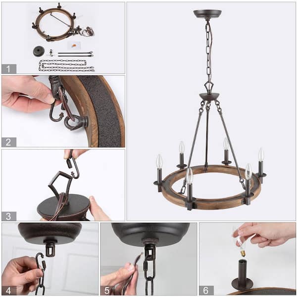 Farmhouse Wagon Wheel Chandelier, 6-Light Distressed Wood Circle Island Light, Rustic Bronze Dining Room Pendant Light
