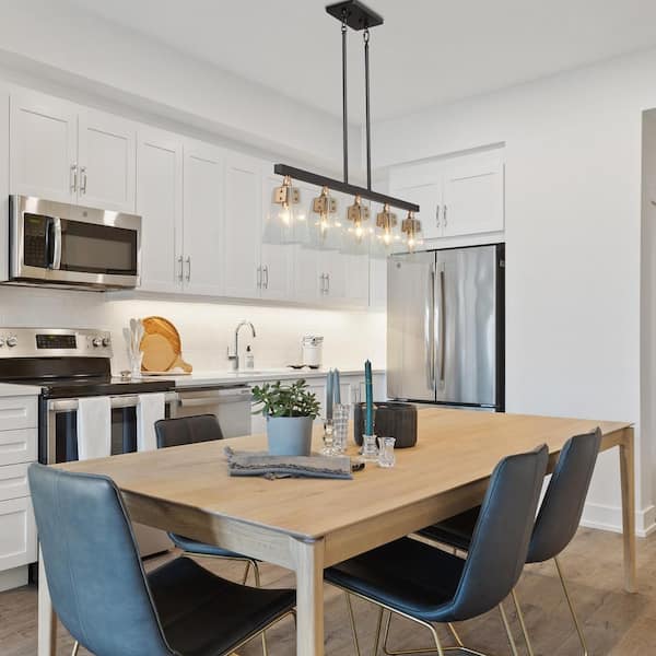 Modern Farmhouse Gold Chandelier, 34 in. 5-Light Black Kitchen Island Chandelier With Seeded Glass for Dining Room