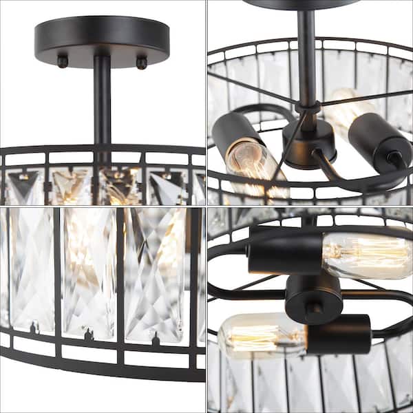 12.5 in. 2-Light Industrial Modern Black Drum Semi Flush Mount Light with Crystal Glass Shade