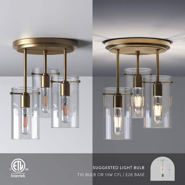 Ophelia Semi Flush Mount Ceiling Light, 15 in. Gold 3-Light Kitchen Fixture with Glass Shade