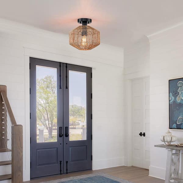 10.2 in. 1-Light Bohemian Natural Jute Rope Semi-Flush Mount Ceiling Light with Black Hardware
