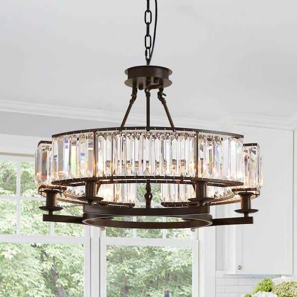 6-Light Black Modern Crystal Chandelier Drum Island Adjustable Hangding Semi Flush Mount Ceiling Light