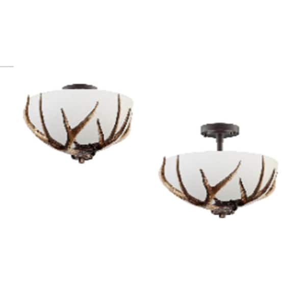 Deer Lake 13 in. 2-Light Handmade Finish Anlter Convertible Semi-Flush Mount
