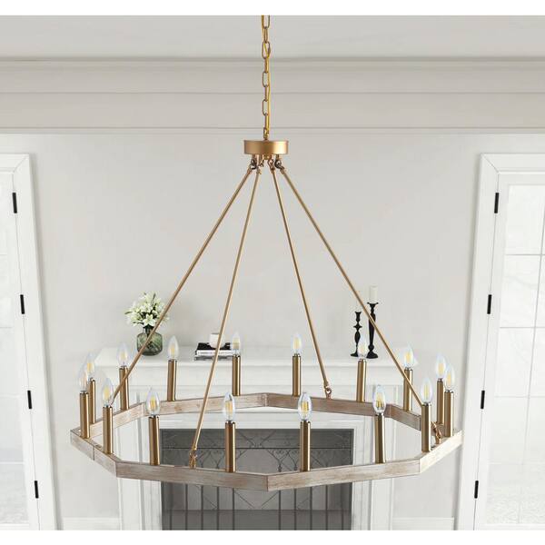 39.4 in. 16-Light Farmhouse Brushed Gold Wagon Wheel Candle Chandelier Geometric Industrial Pendant Lighting