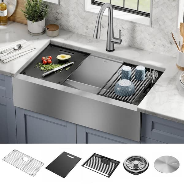 Rivet 16- Gauge Stainless Steel 36 in. Single Bowl Undermount Farmhouse Apron Workstation Kitchen Sink with Accessories