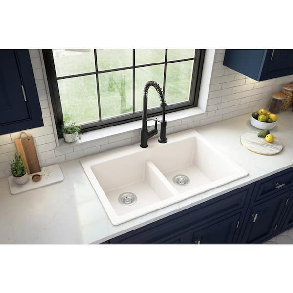 White Quartz 33 in. 50/50 Double Bowl Composite Drop-in Kitchen Sink
