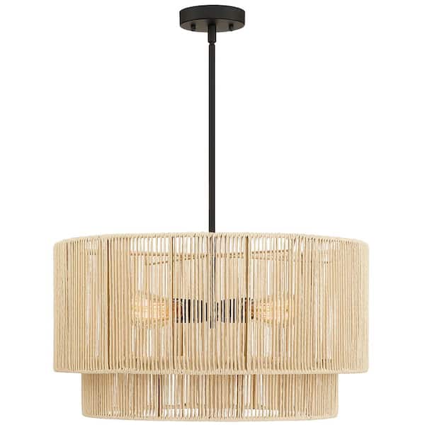 22 in. 4-Light Rattan Tiered Drum Pendant Chandelier Light with Black Canopy
