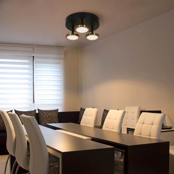 Adjustable 9 in. Modern 3-Light Black Integrated LED Semi-Flush Mount, Brass Gold Shade Round Ceiling Light