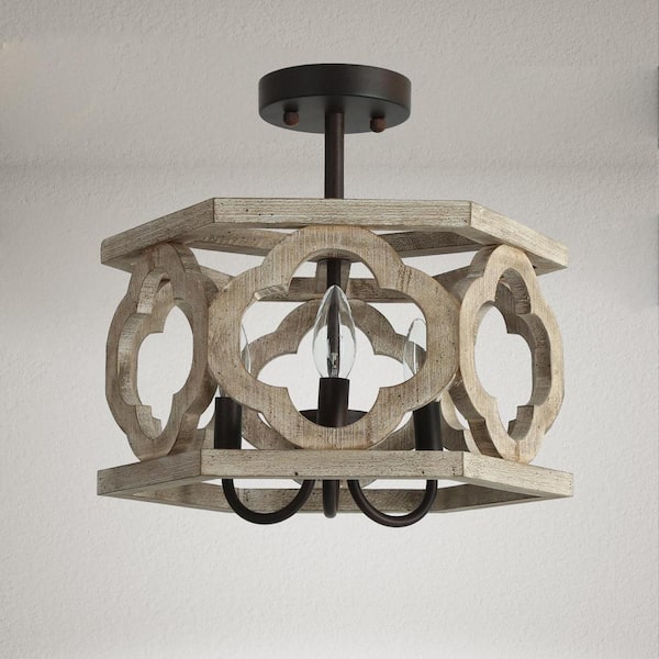 Farmhouse Antique Wood Drum Semi-Flush Mount 3-Light Rustic Kitchen Island Ceiling Lamp with Rusty Bronze Candle Holders