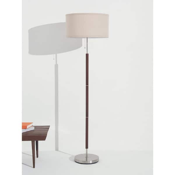 Carter 65 in. Walnut Wood LED Standard Floor Lamp with Drum Fabric Shade and Satin Nickel Finish