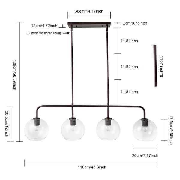 Friedlander 4-Light Rusted Bronze Island Chandelier with Clear Glass Shades, Modern Linear Kitchen Pendant Light