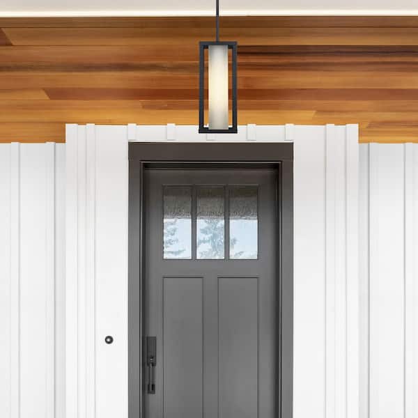 Adler 1-Light Black Outdoor Pendant Light Fixture with Clear and Frosted Glass