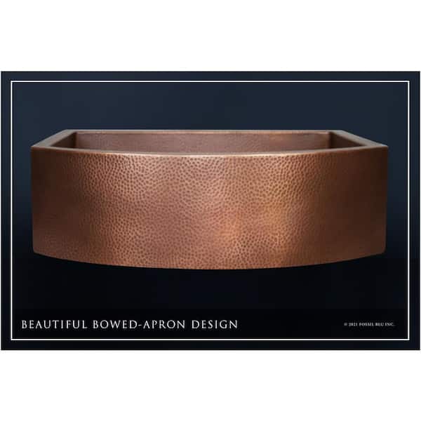Luxury Medium Patina 12-Gauge Copper 33 in. Single Bowl Farmhouse Apron Kitchen Sink with Accs and Curved Front