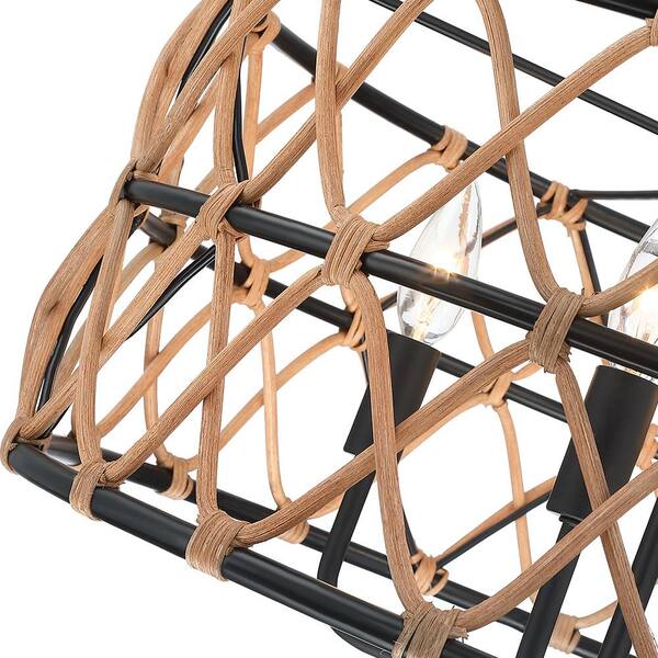 Trellis 20 in. 4-Light Black Drum Chandelier with Natural Rattan Shade