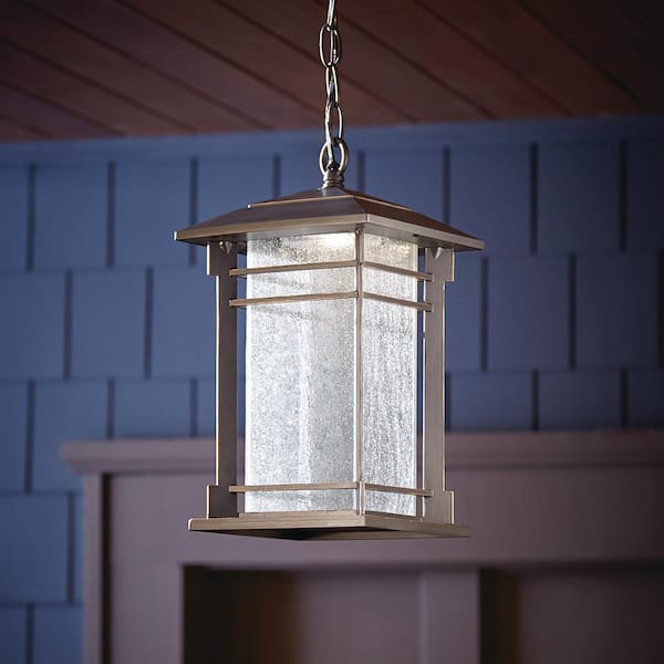Oil Rubbed Bronze LED Outdoor Pendant Light Fixture with Seeded Glass