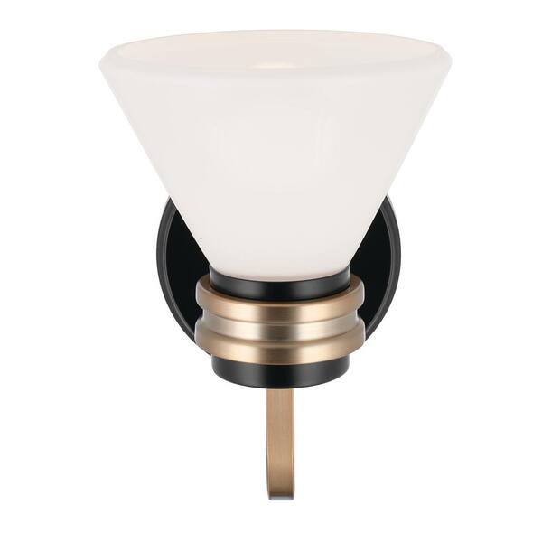 Farum 9.5 in. 1-Light Black with Champagne Bronze Bathroom Wall Sconce Light with Opal Glass Shade